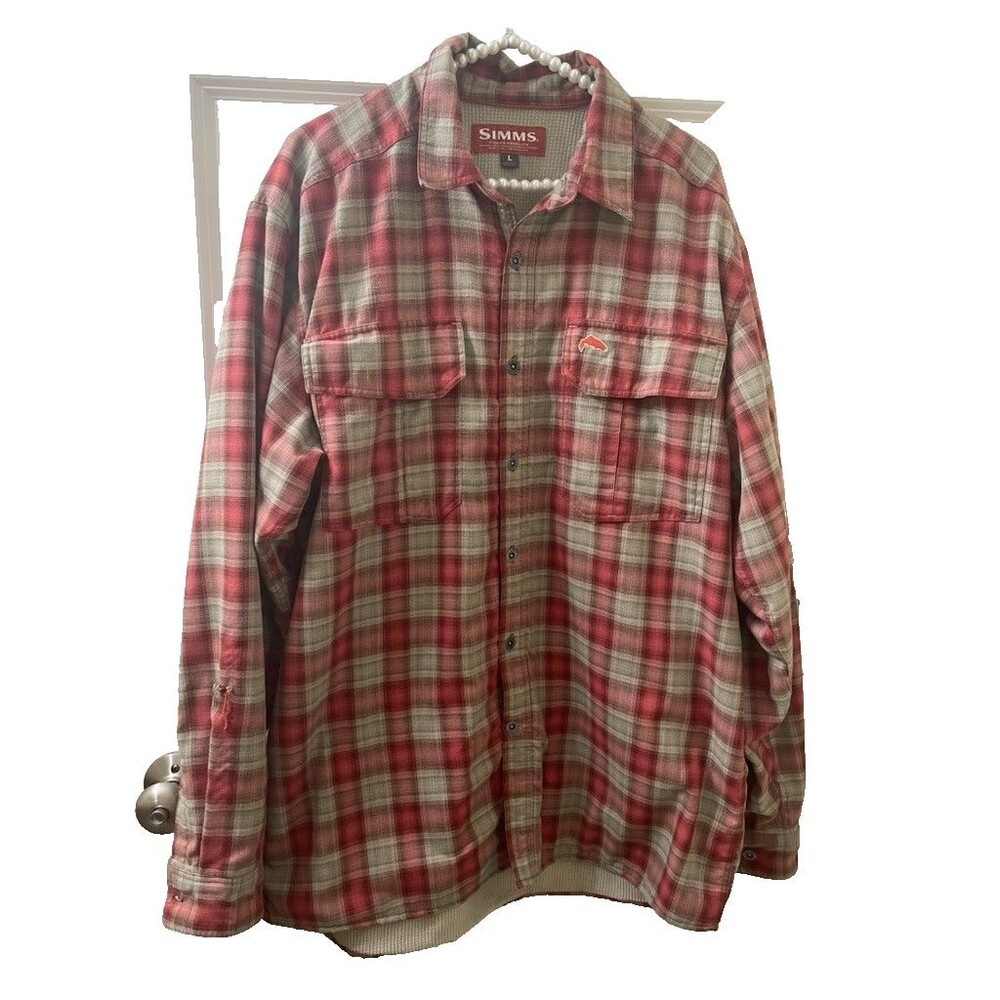 Simms FISHING Guide Series RED Flannel Lined Plaid Shirt Shacket Men's L